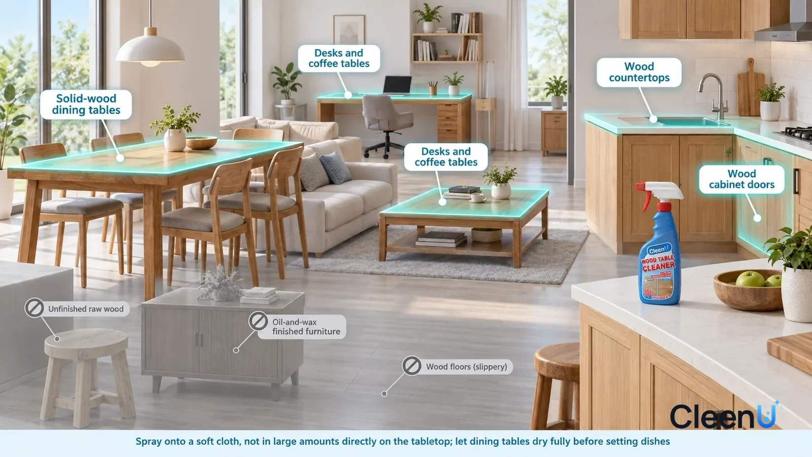 Illustration: CleenU Wood Table Cleaner & Polish — A realistic 3D cutaway of a bright home's dining room, living room, study, and kitchen area