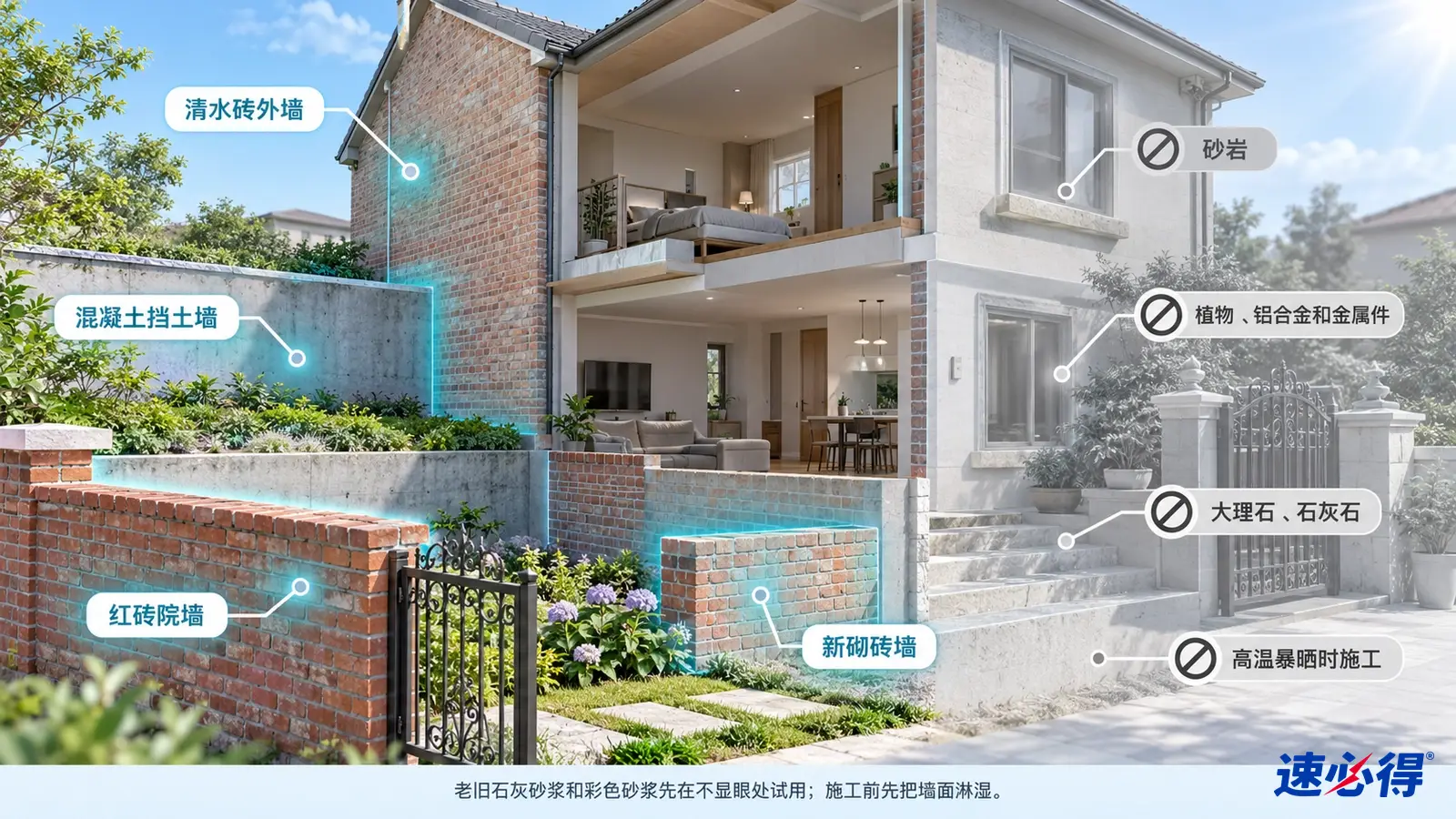 示意图:住宅剖面图突出外墙、红砖围墙和墙脚区域,旁边列有材质注意事项图标。