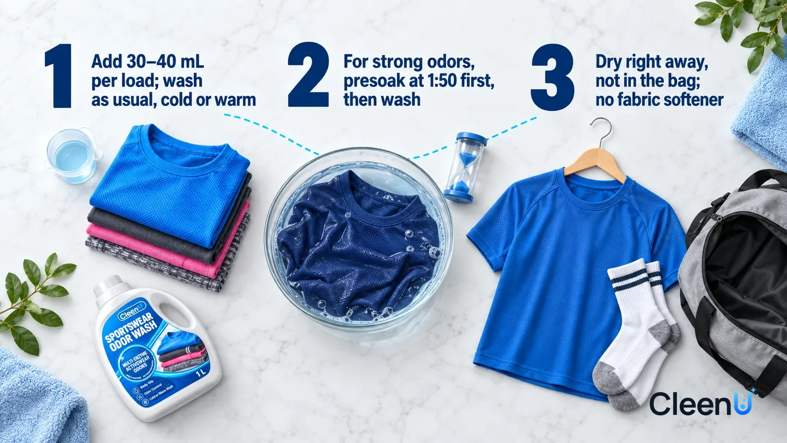 Illustration: CleenU Sportswear Odor Wash — an overhead shot straight down onto a light marble tabletop, no bottle and no hands: (1) a small clear measuring cup holding a little pale-b