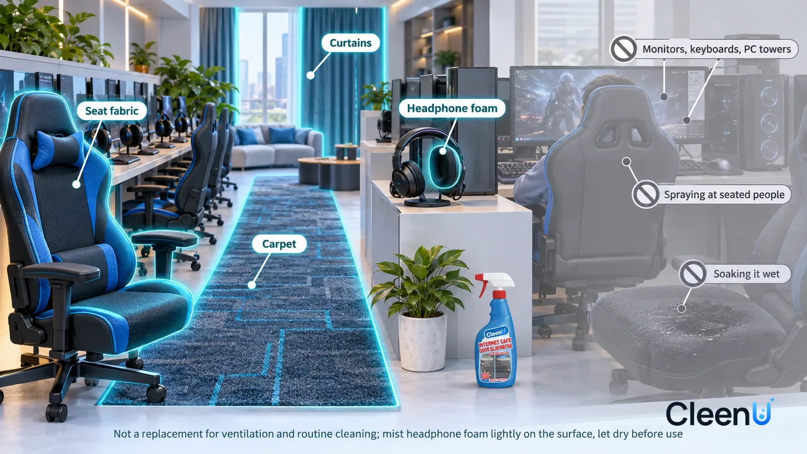 Illustration: CleenU Internet Cafe Odor Eliminator — A realistic 3D cutaway of a bright internet cafe gaming zone, game room, and study room, one continuous space from one viewpoint