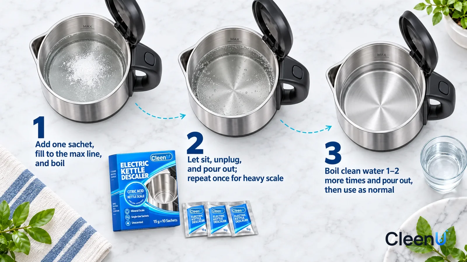 Illustration: CleenU Electric Kettle Descaler — an overhead shot straight down onto a light marble tabletop, no hands: (1) an open stainless-steel electric kettle (no brand marks)
