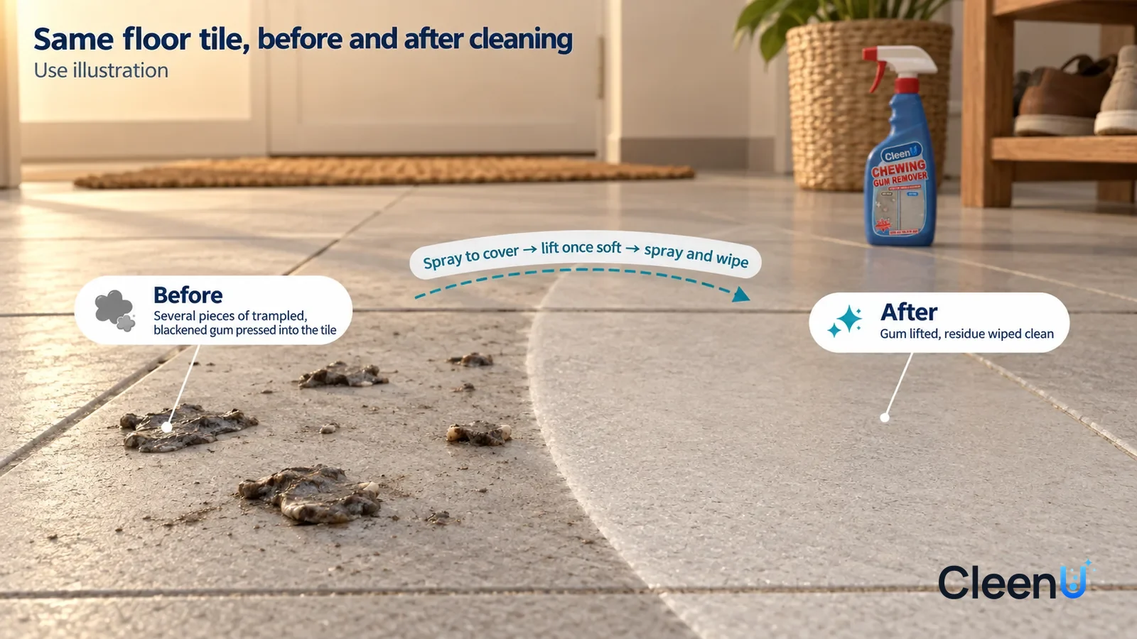 Illustration: CleenU Chewing Gum Remover — A full-screen low-angle close-up of light grey floor tile, in the same side light: the untreated side is scattered with several pieces of tr
