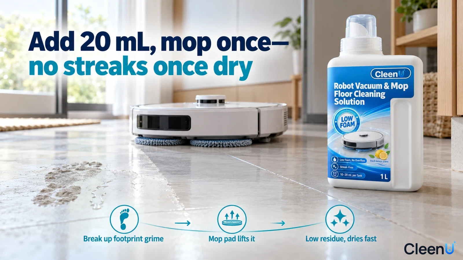 Illustration: Footprints, water marks and clearer reflective floor areas beside a robot mop and white cleaning-solution bottle.