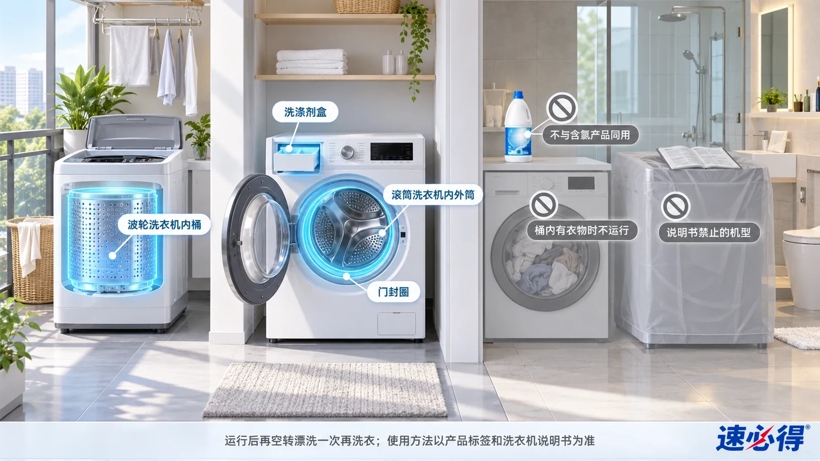 示意图:洗衣机及滚筒、门封圈和洗涤剂抽屉被突出显示,旁列设备注意事项。