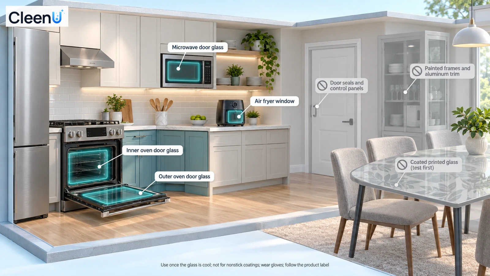Illustration: Highlighted oven and countertop-appliance glass doors beside component precautions.