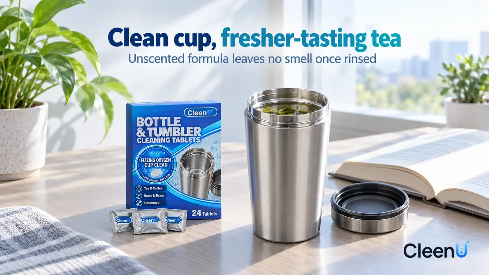 Illustration: CleenU Bottle & Tumbler Cleaning Tablets — A corner of a desk in bright early-morning light, an open stainless-steel tumbler with no brand marks holding clear green tea Headline: "Clean