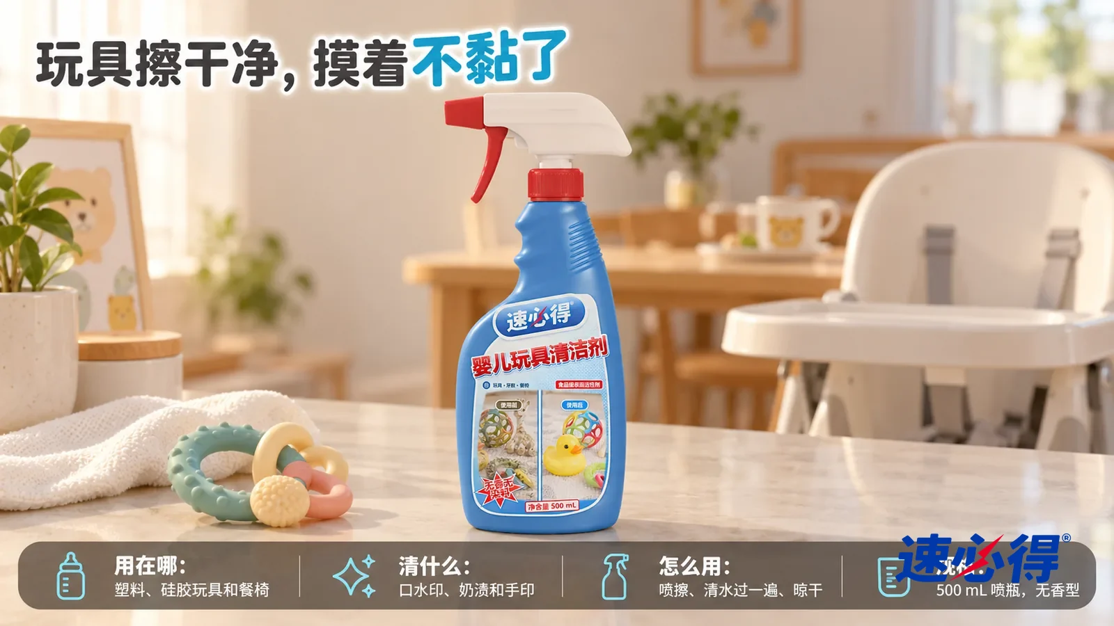 示意图：速必得婴儿玩具清洁剂居中站在餐边柜台面上，旁边一只干净的硅胶牙胶环和一块白色软布，身后一张儿童餐椅（无品牌标志）和餐桌向画面深处柔和虚化，画面里不出现人