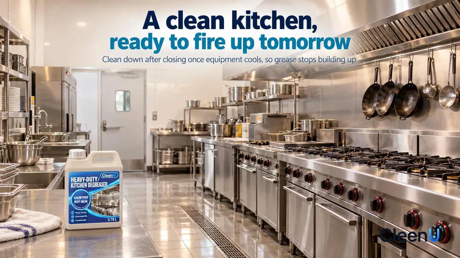 Illustration: CleenU Heavy-Duty Kitchen Degreaser — A restaurant kitchen after closing, a row of stainless-steel ranges and prep tables clean and bright, the floor tile mopped and shining Headline: "A