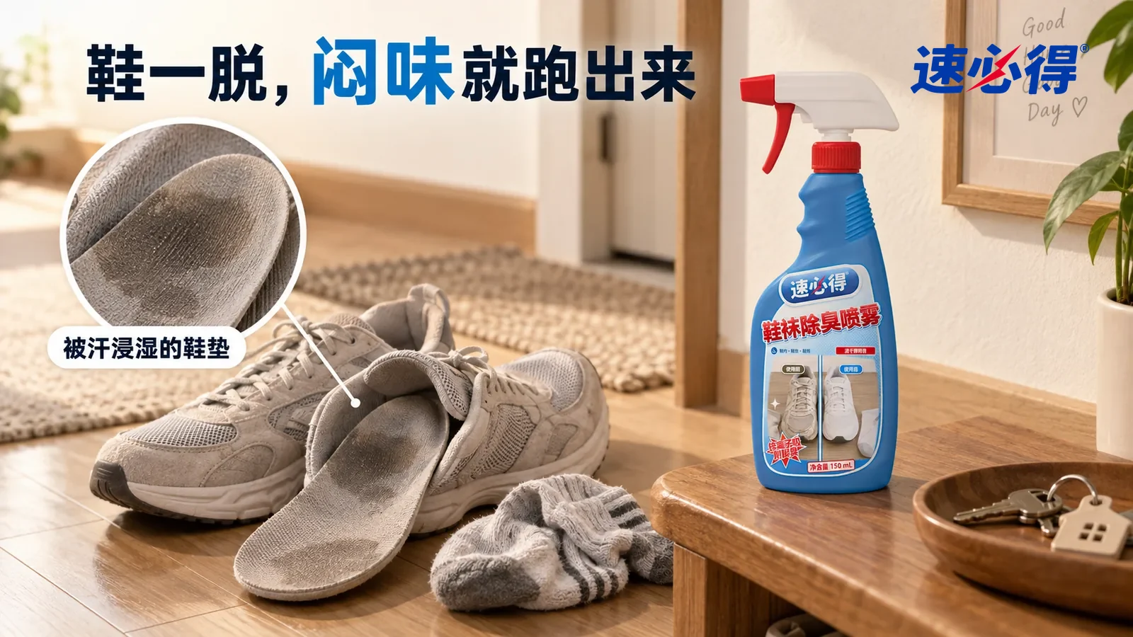 示意图：速必得鞋袜除臭喷雾——家里玄关，木地板上一双刚脱下的浅灰色运动鞋（无品牌标志），鞋口敞着，一只鞋垫被抽出一半