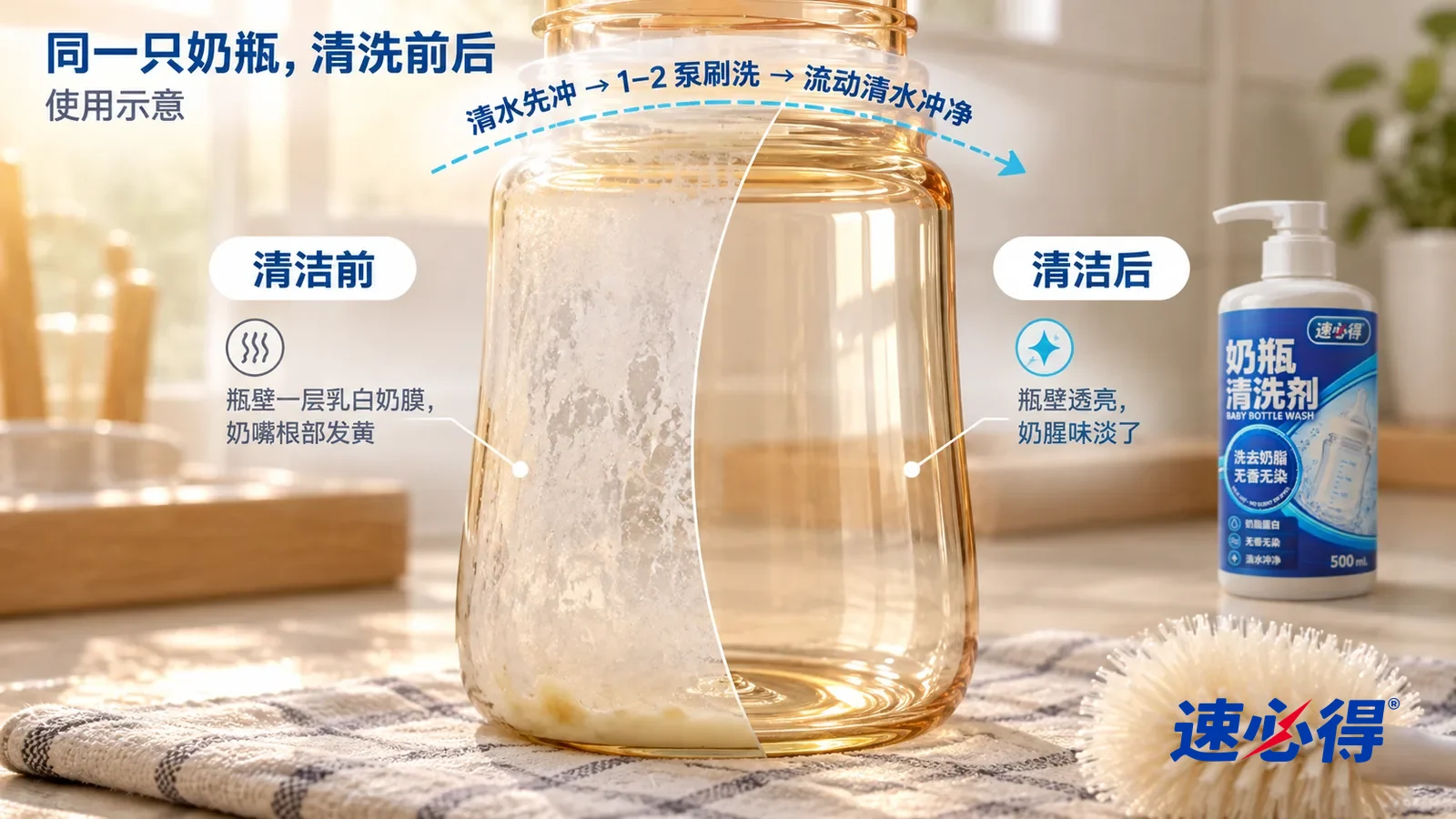 示意图:速必得奶瓶清洗剂——整屏一只淡琥珀色 PPSU 奶瓶瓶壁的低角度大近景(无品牌标志、不画刻度数字),同一窗光,不出现按压瓶:没处理的一半瓶壁挂着一层乳白奶膜