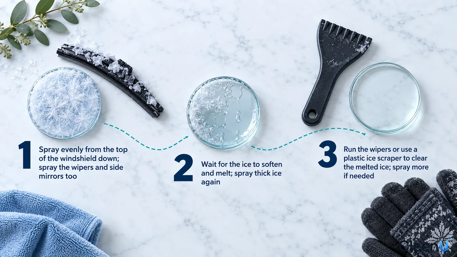 Illustration: Frosted glass samples, wiper, plastic ice scraper and gloves with numbered steps.