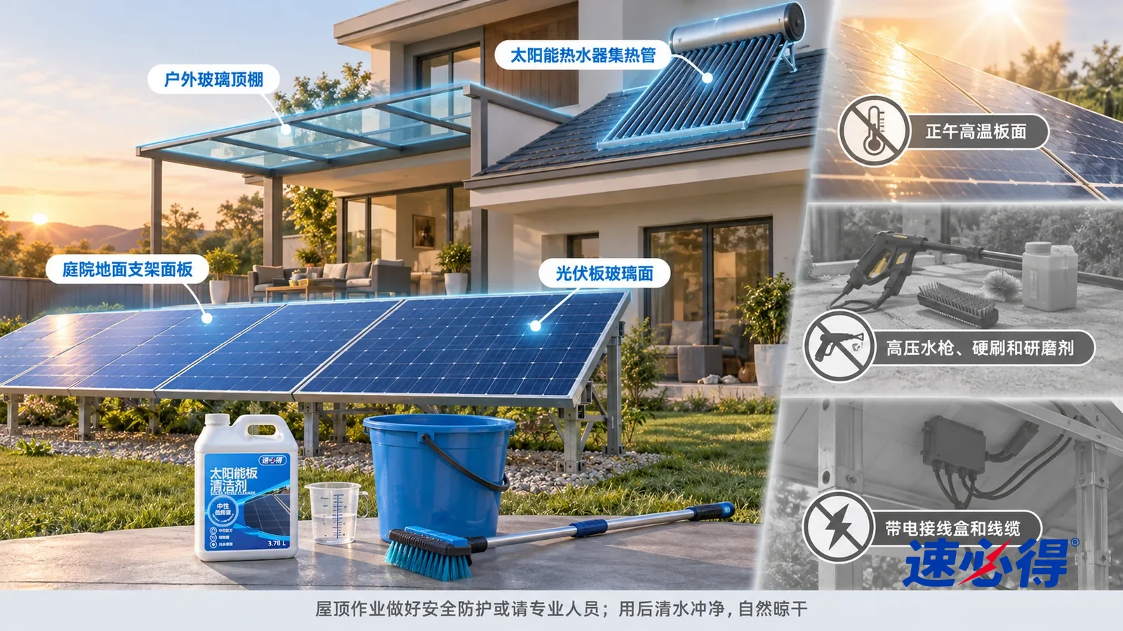 示意图：速必得太阳能板清洁剂——同一后院、齐腰高地面支架、深蓝电池片和银色栅线；清晨或傍晚板面冷却后操作，所有位置从地面可及