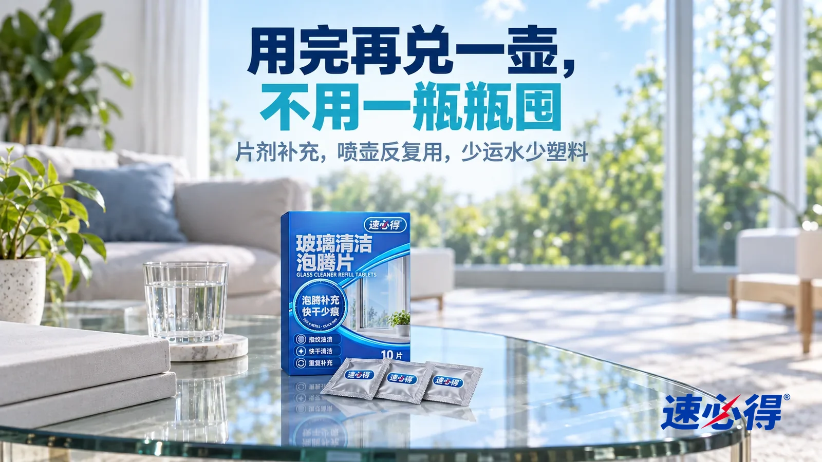 示意图：速必得玻璃清洁泡腾片——清晨明亮的客厅，一扇干净透亮的落地窗，窗外绿树和蓝天清清楚楚，窗边一张玻璃茶几上摆着一杯水和一本书，柔和晨光透过玻璃洒在地板上，标题“用完再兑一壶，不用一瓶瓶囤”