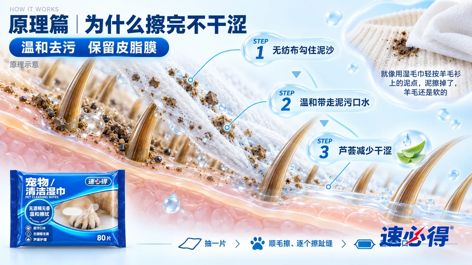 示意图：速必得宠物清洁湿巾——一块极度放大的宠物皮肤和毛发截面从左上向右下斜贯画面，皮肤表面有一层薄薄的透明皮脂膜