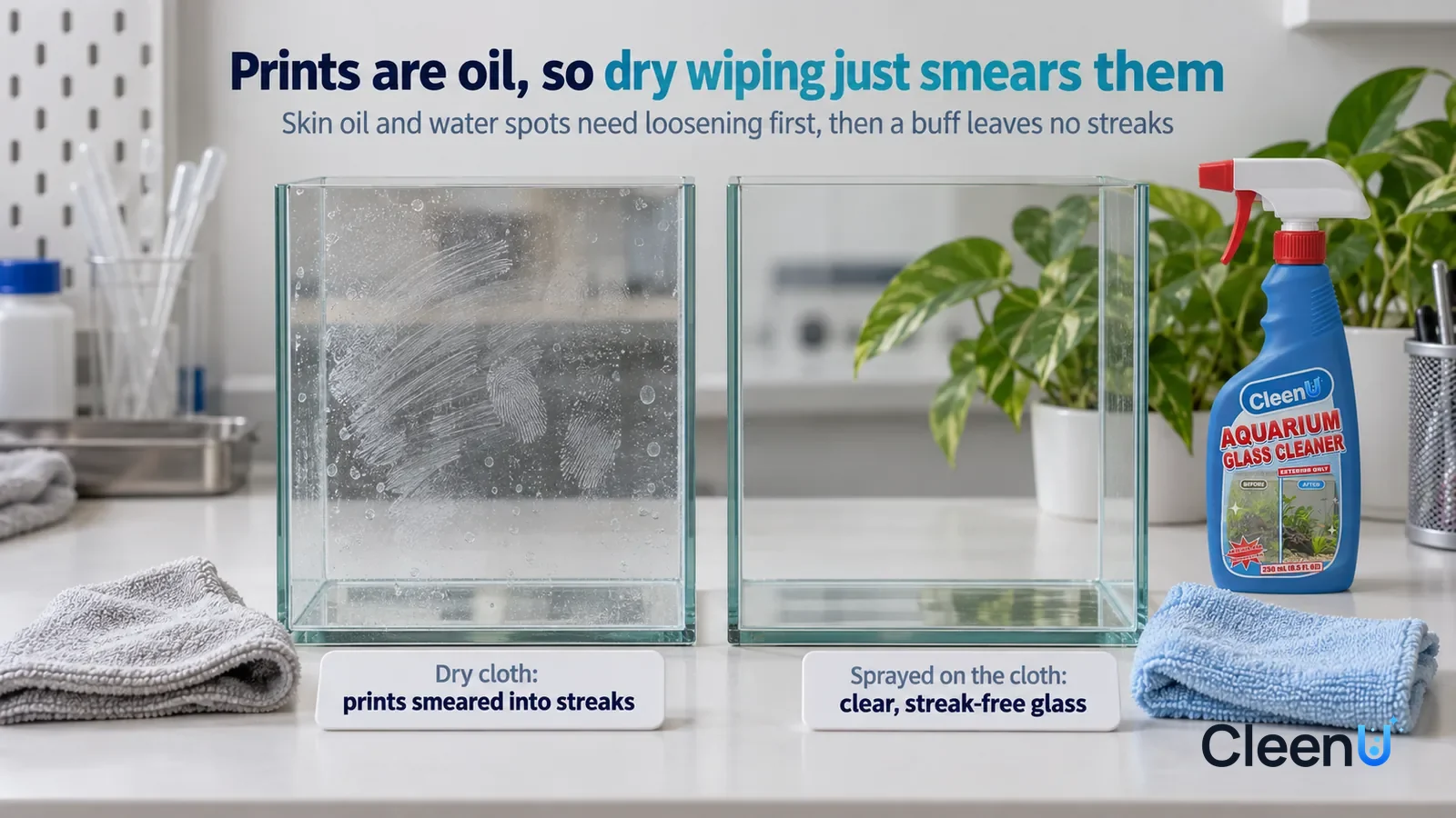Illustration: CleenU Aquarium Glass Cleaner — A landscape medium close-up of a small experiment in a cleaning lab: two identical clear glass samples standing side by side on a white test Headline: "Pr