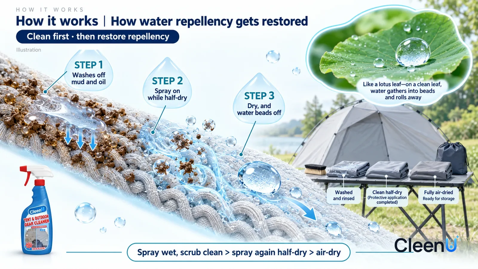 Illustration: CleenU Tent & Outdoor Gear Cleaner — keep one backyard care area, pale-grey two-person tent, folding camp table and soft brush, using the same fabric weave in all samples