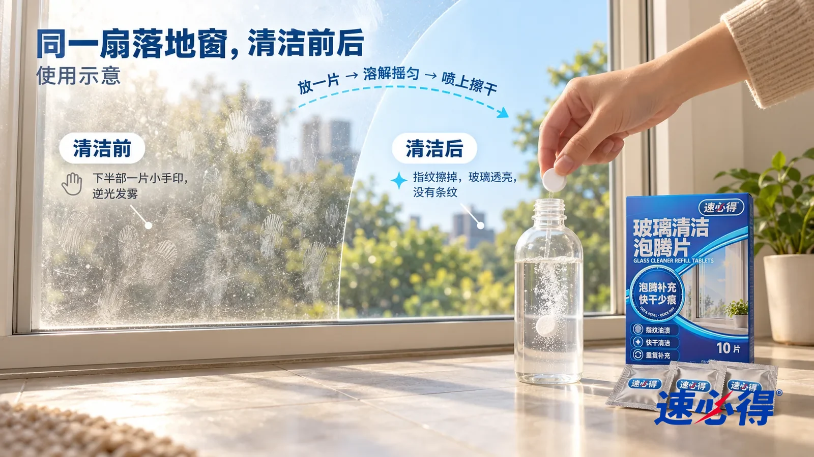 示意图:速必得玻璃清洁泡腾片——整屏一扇客厅落地窗下半部的低角度大近景,逆光:没处理的一侧布满小手印和指纹油渍,窗外绿树一片朦胧;处理过的一侧玻璃透亮