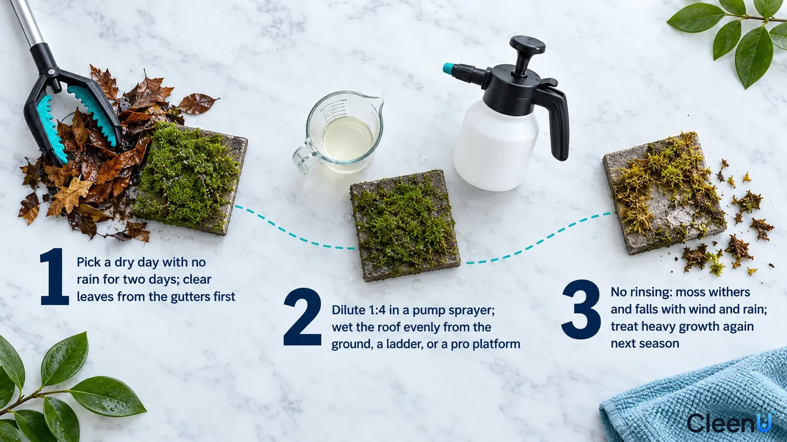 Illustration: Leaves, tools, a pump sprayer and mossy roof samples with numbered steps.