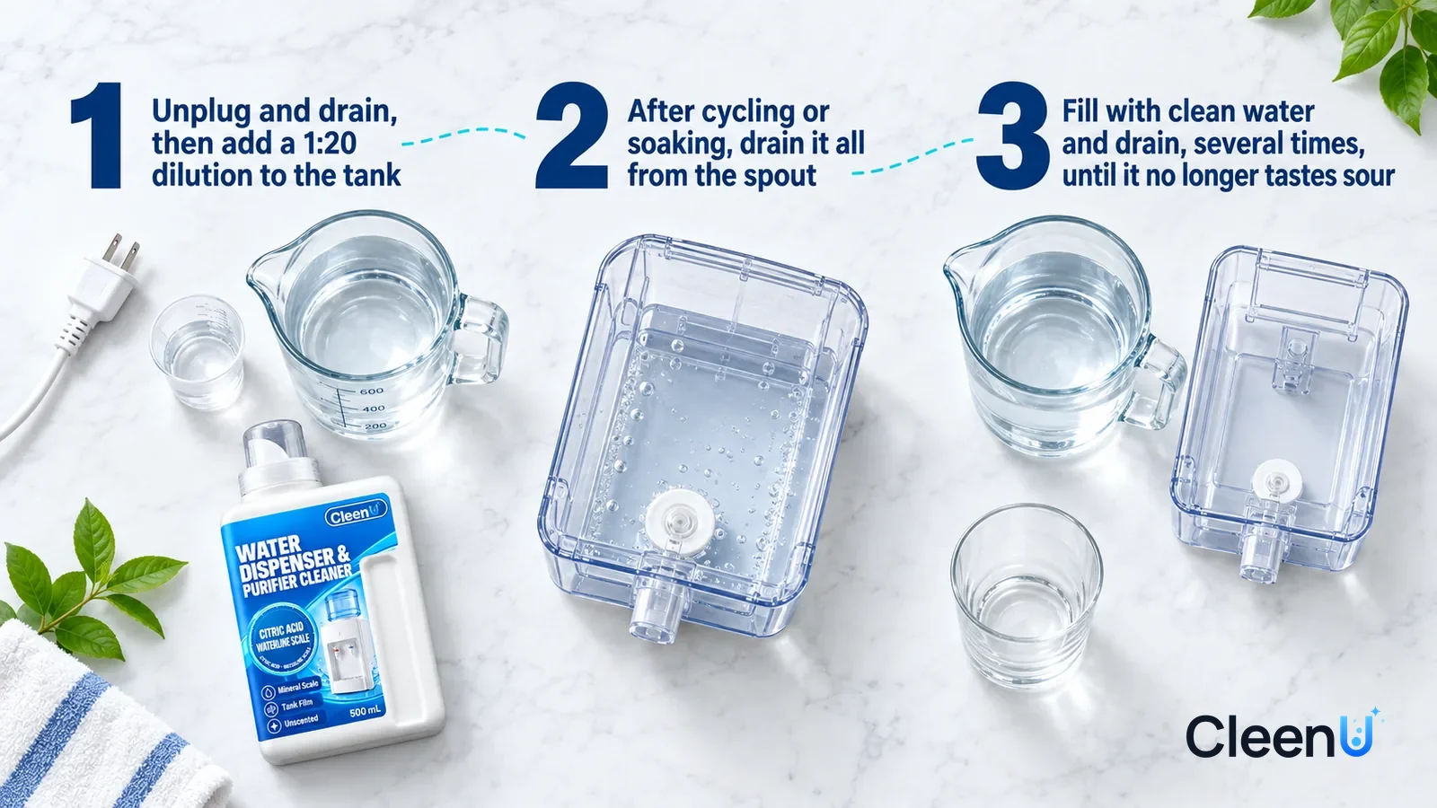 Illustration: CleenU Water Dispenser & Purifier Cleaner — an overhead shot straight down onto a light marble tabletop, no hands: (1) an unplugged power plug with its cord