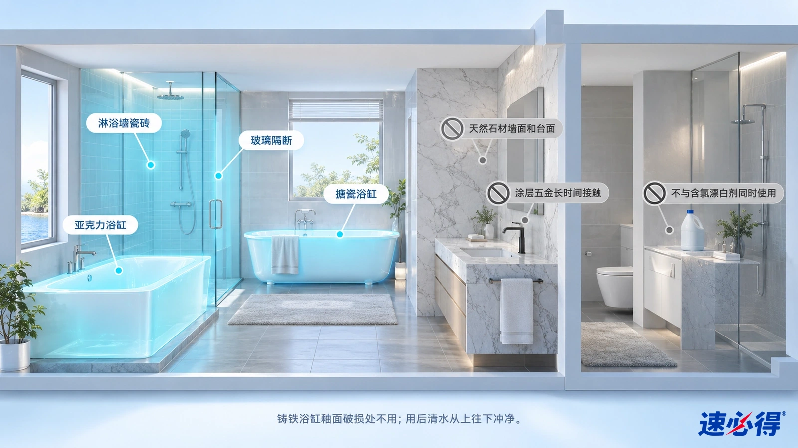 示意图:浴缸及淋浴墙面区域被突出显示,旁边列有材质注意事项图标。