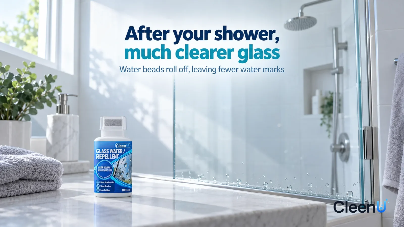 Illustration: CleenU Glass Water Repellent — A bright early-morning bathroom, a clear glass shower door with a few small round water beads resting along its lower edge Headline: "After your shower, mu