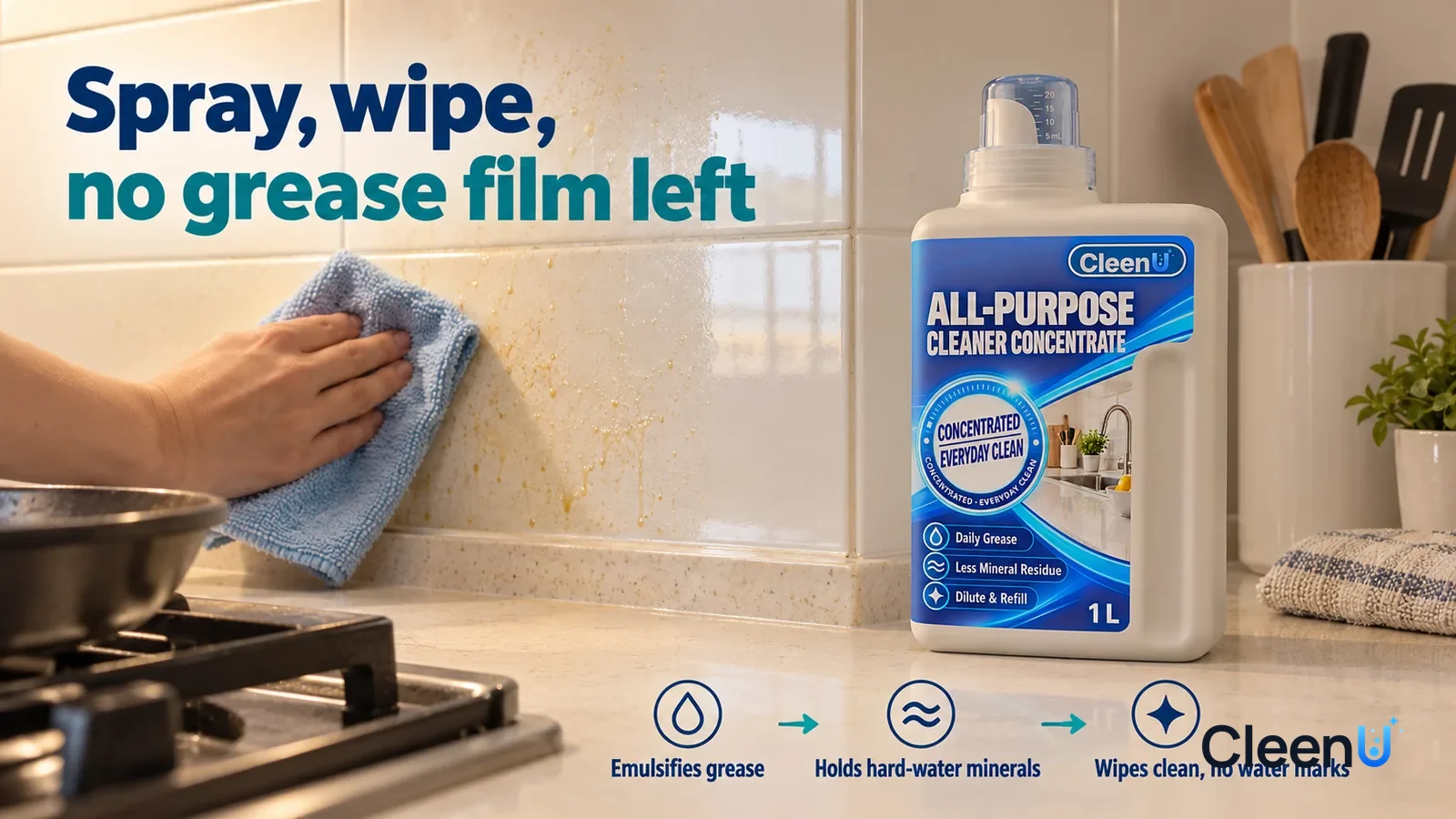 Illustration: CleenU All-Purpose Cleaner Concentrate — keep the same white quartz kitchen counter, white glazed backsplash and pale-blue microfiber cloth; show ordinary thin cooking-oil film