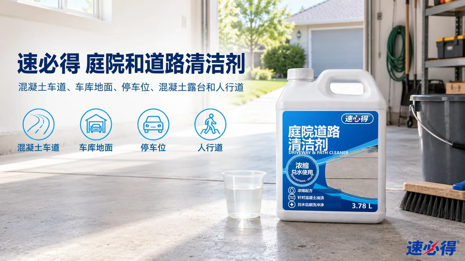 示意图:白色清洁剂桶摆在车库门前,配有产品用途图标。