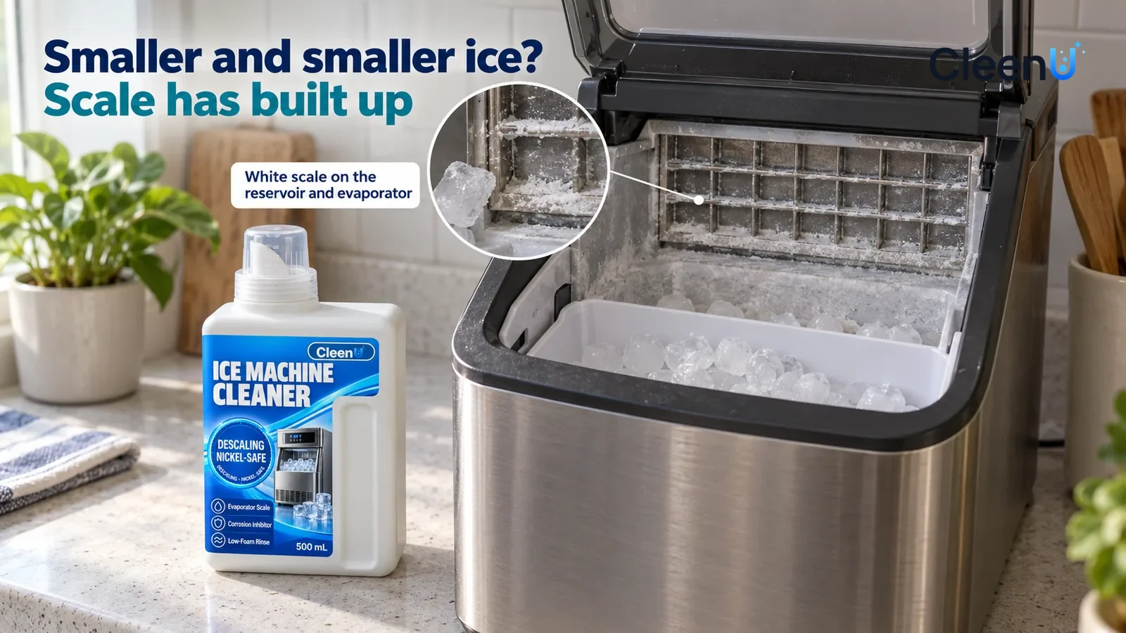 Illustration: CleenU Ice Machine Cleaner — A stainless-steel countertop ice maker (no brand marks) on an everyday kitchen counter