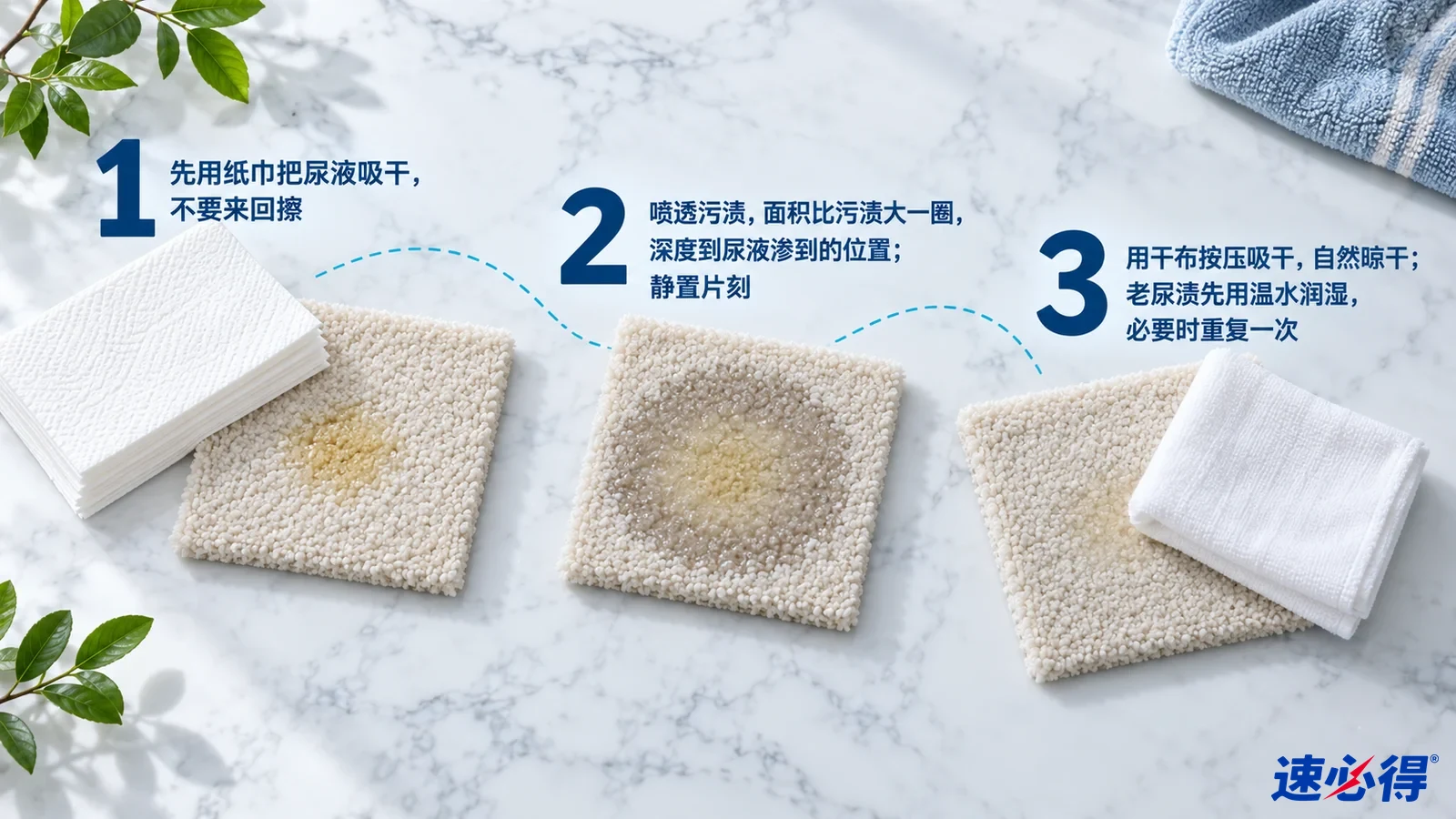 示意图:带黄色污迹的地毯样片、白色纸巾和清洁布,配有编号步骤。