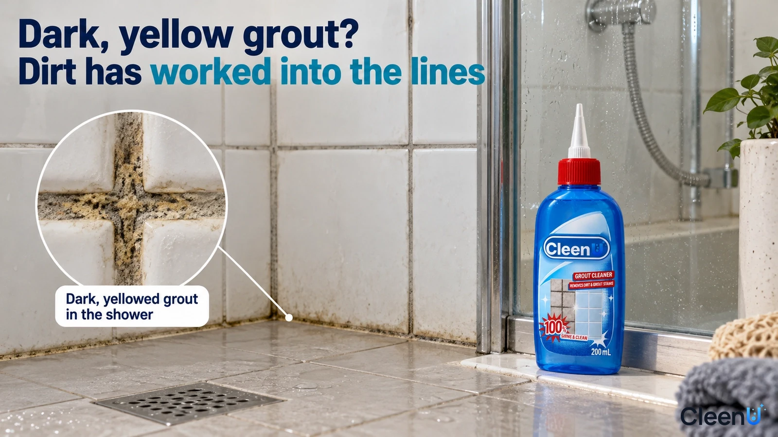 Illustration: Dark yellow grime in shower tile grout beside a blue pointed-nozzle cleaner bottle.