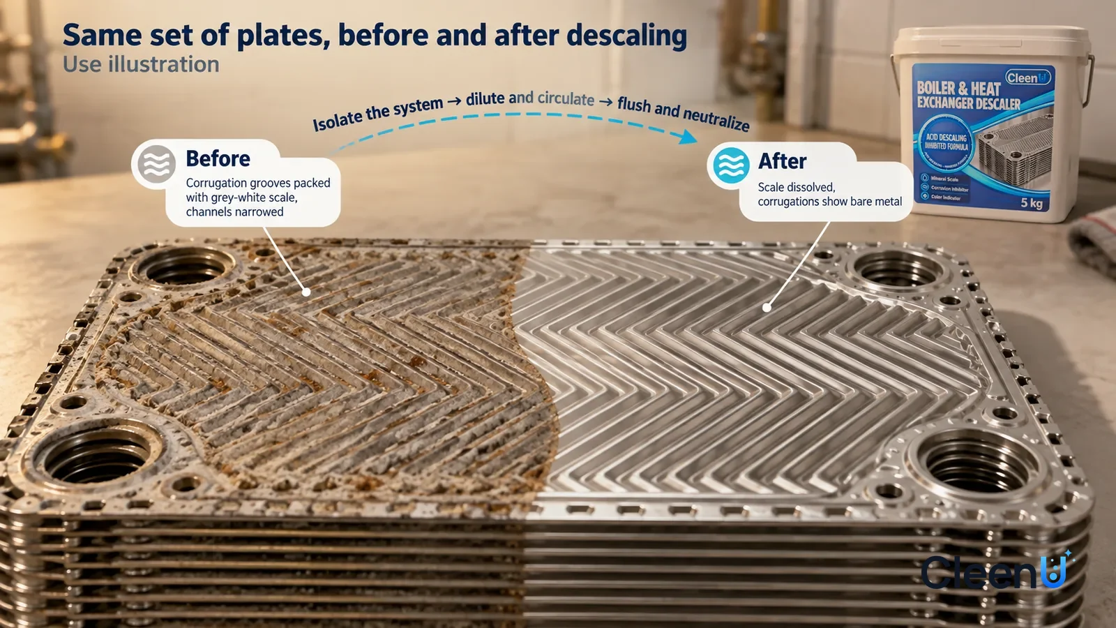 Illustration: CleenU Boiler & Heat Exchanger Descaler — A full-screen low-angle close-up of a set of stainless-steel plate heat exchanger plates, in the same side light