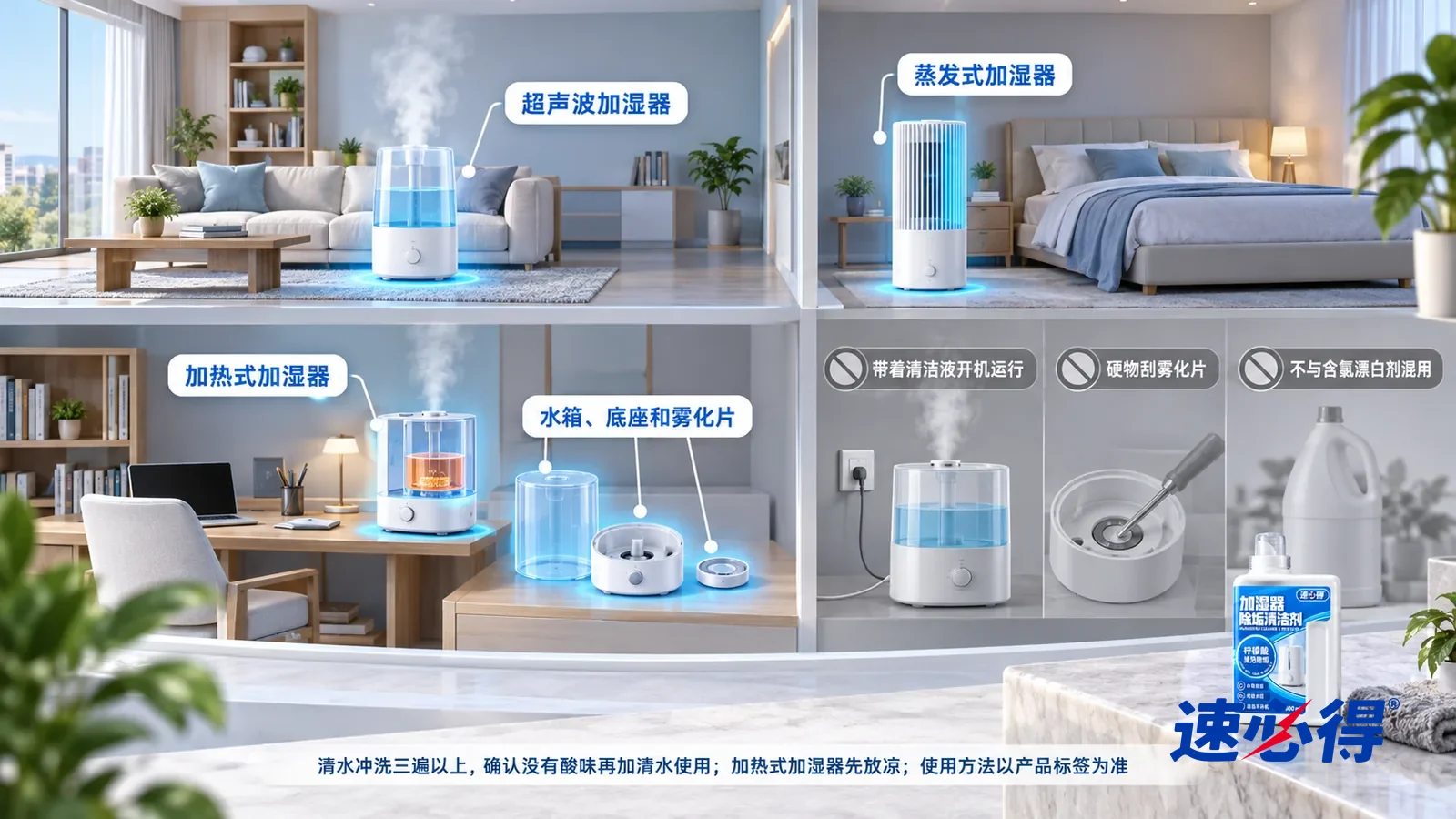示意图：速必得加湿器除垢清洁剂——一张写实 3D 剖面实景图，一套明亮的家的主卧、客厅和书房区域，连续空间、一个视角，不出现瓶子：超声波加湿器、落地蒸发式加湿器