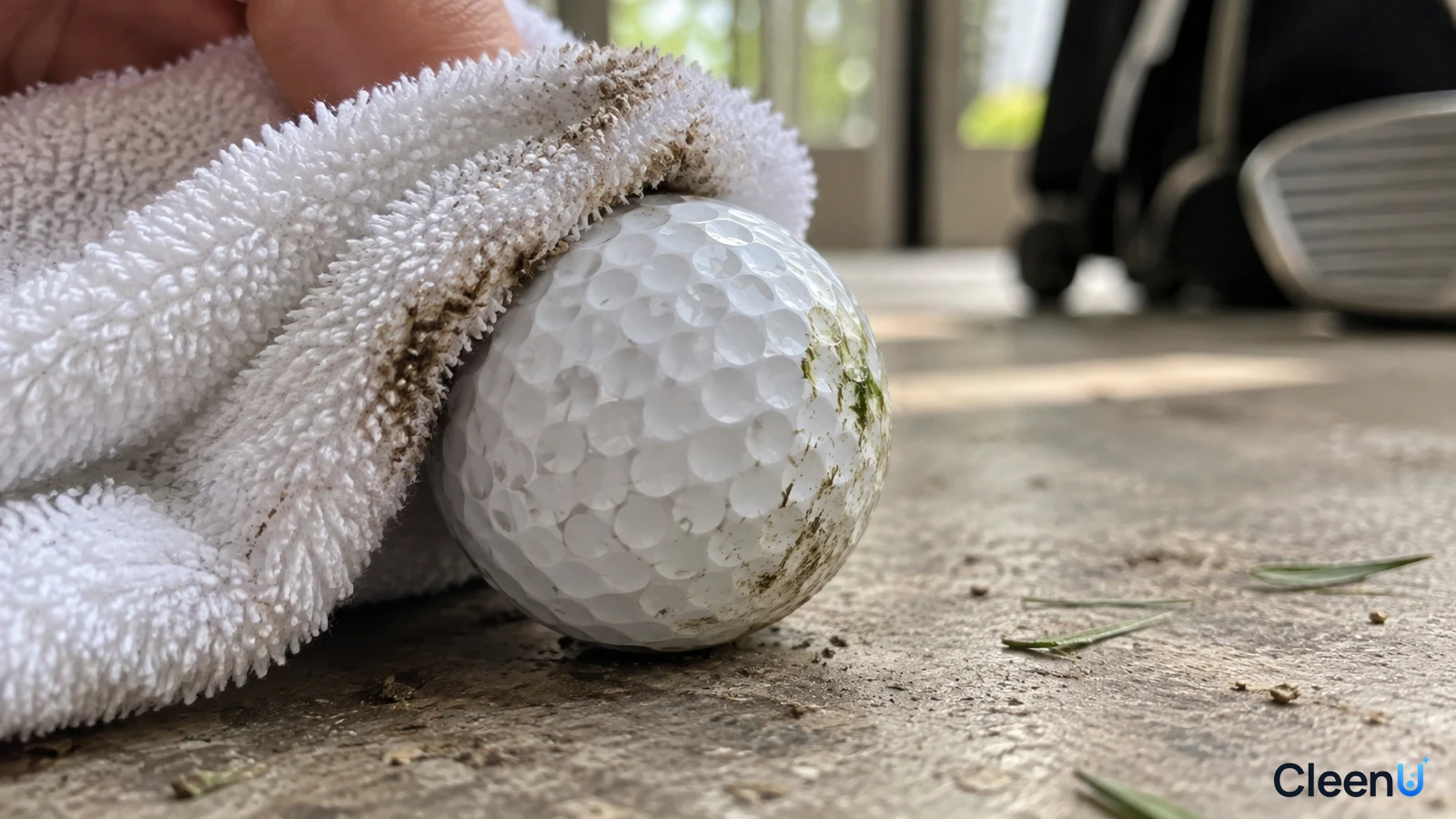 Illustration: Close-up of a towel wrapped around a mud-stained golf ball.