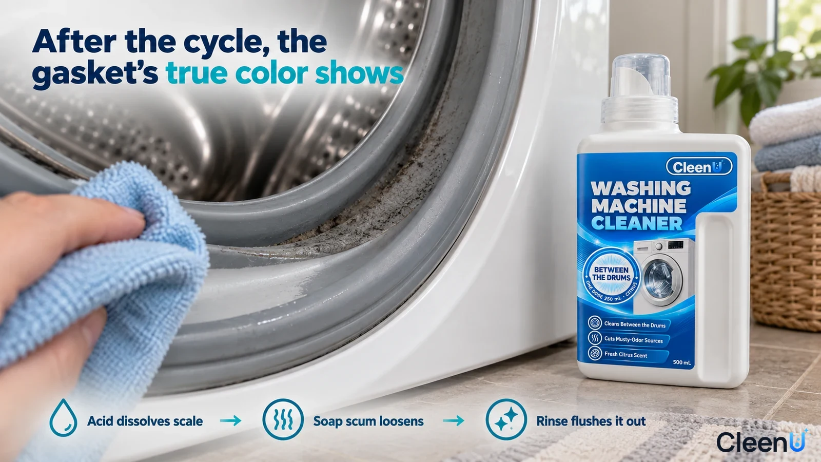 Illustration: A hand wiping a gray washing-machine door gasket with a blue cloth beside a white cleaner bottle.
