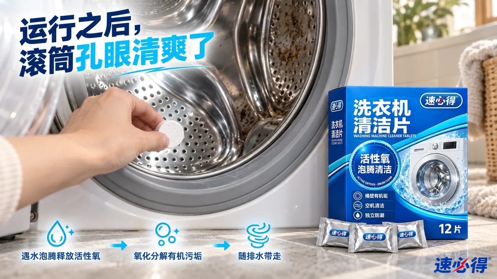 示意图：洗衣机金属滚筒孔及残留污迹，旁有蓝色清洁片包装盒和小包装。