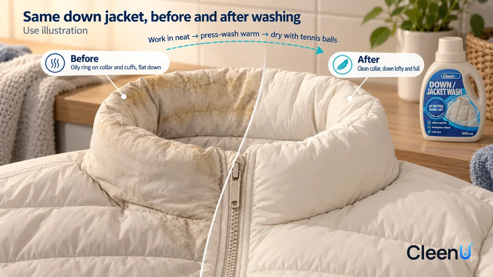 Illustration: CleenU Down Jacket Wash — A full-screen low-angle close-up of the collar and shoulder of a light-colored down jacket with no brand marks