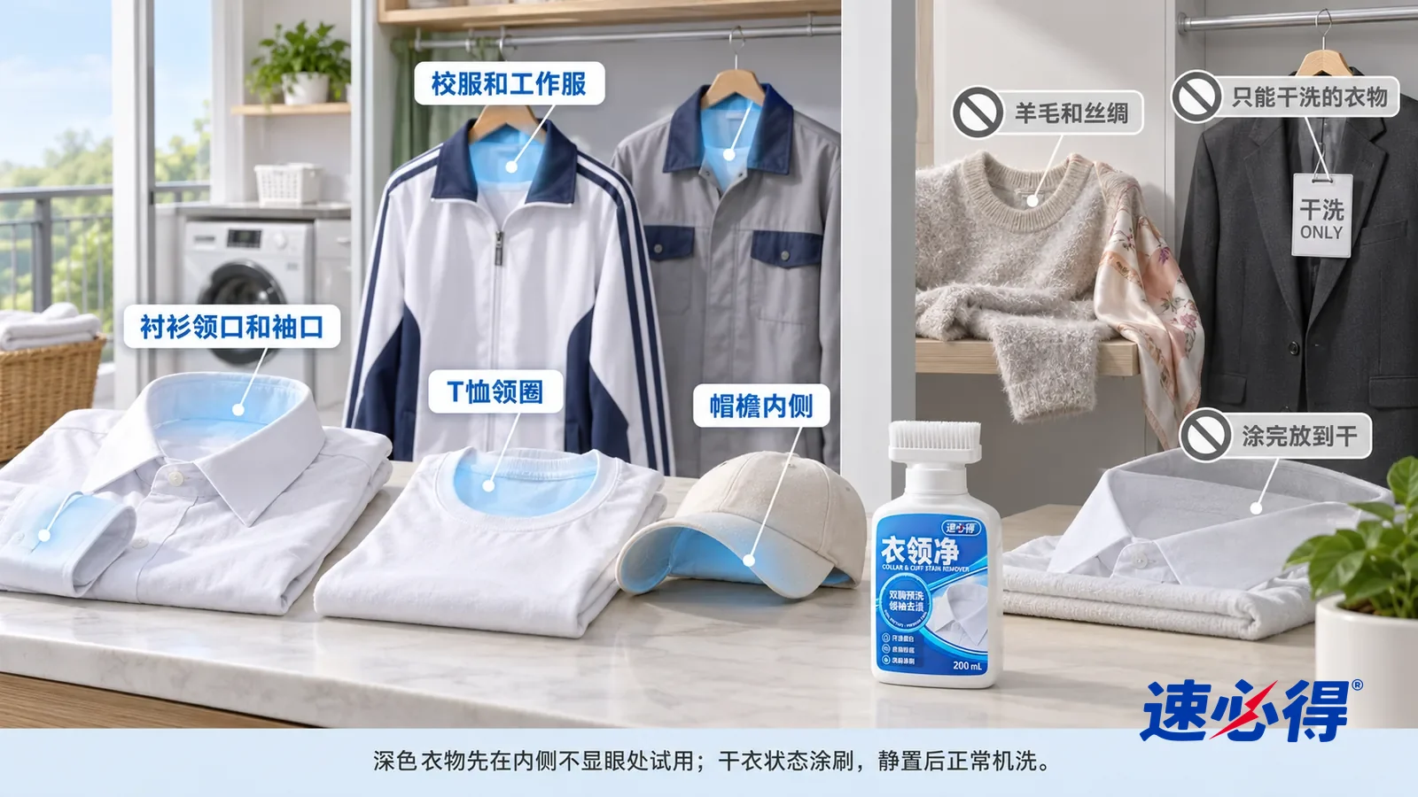 示意图:速必得衣领净——一张写实 3D 剖面实景图,一套明亮的家的卧室、玄关和阳台洗衣区,连续空间、一个视角,不出现人:白衬衫的领口和袖口、T 恤领圈
