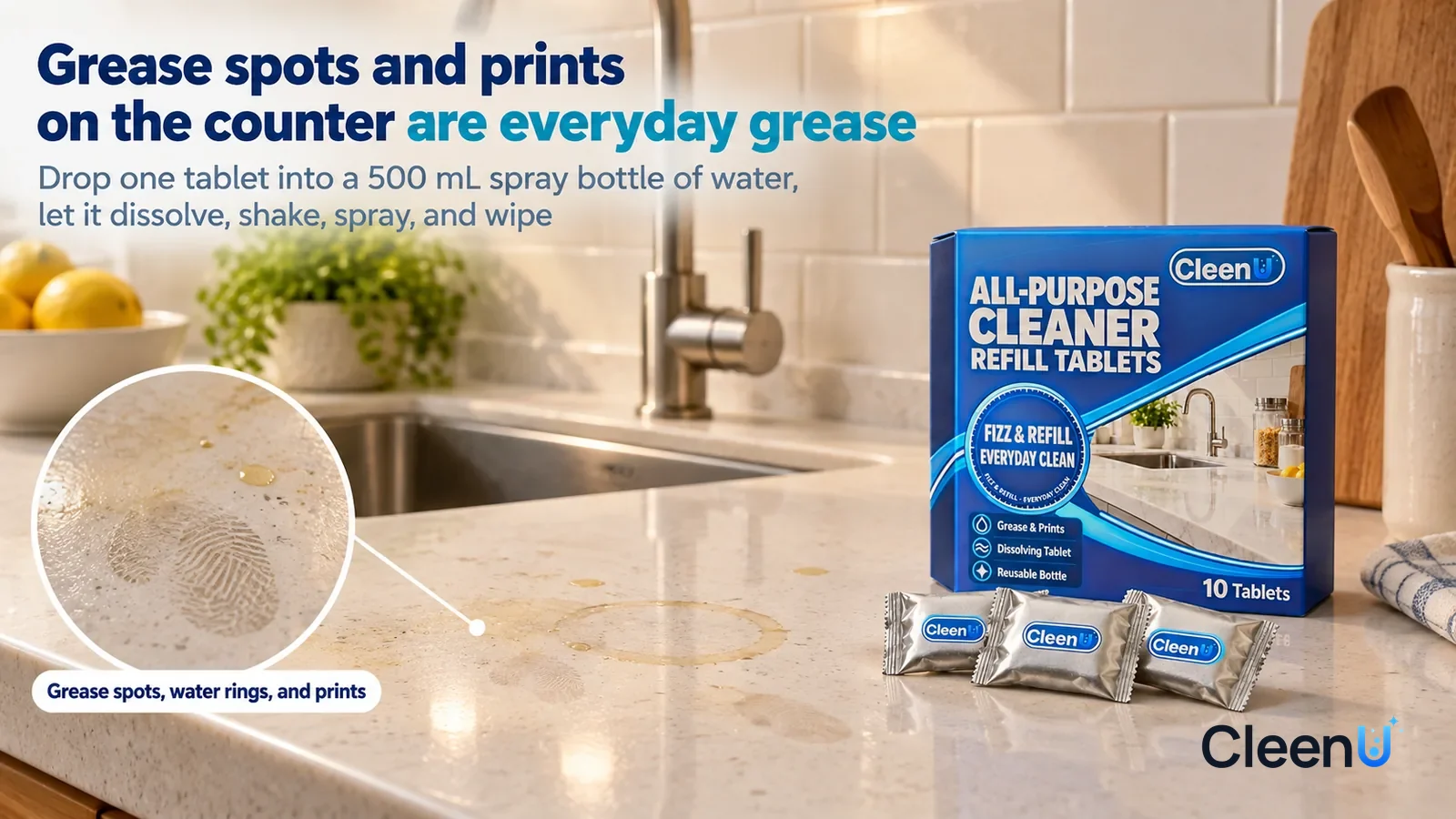 Illustration: CleenU All-Purpose Cleaner Refill Tablets — The white quartz countertop of an everyday kitchen; in raking side light, a few pale yellow grease spots, a cup ring Headline: "Grease spots a