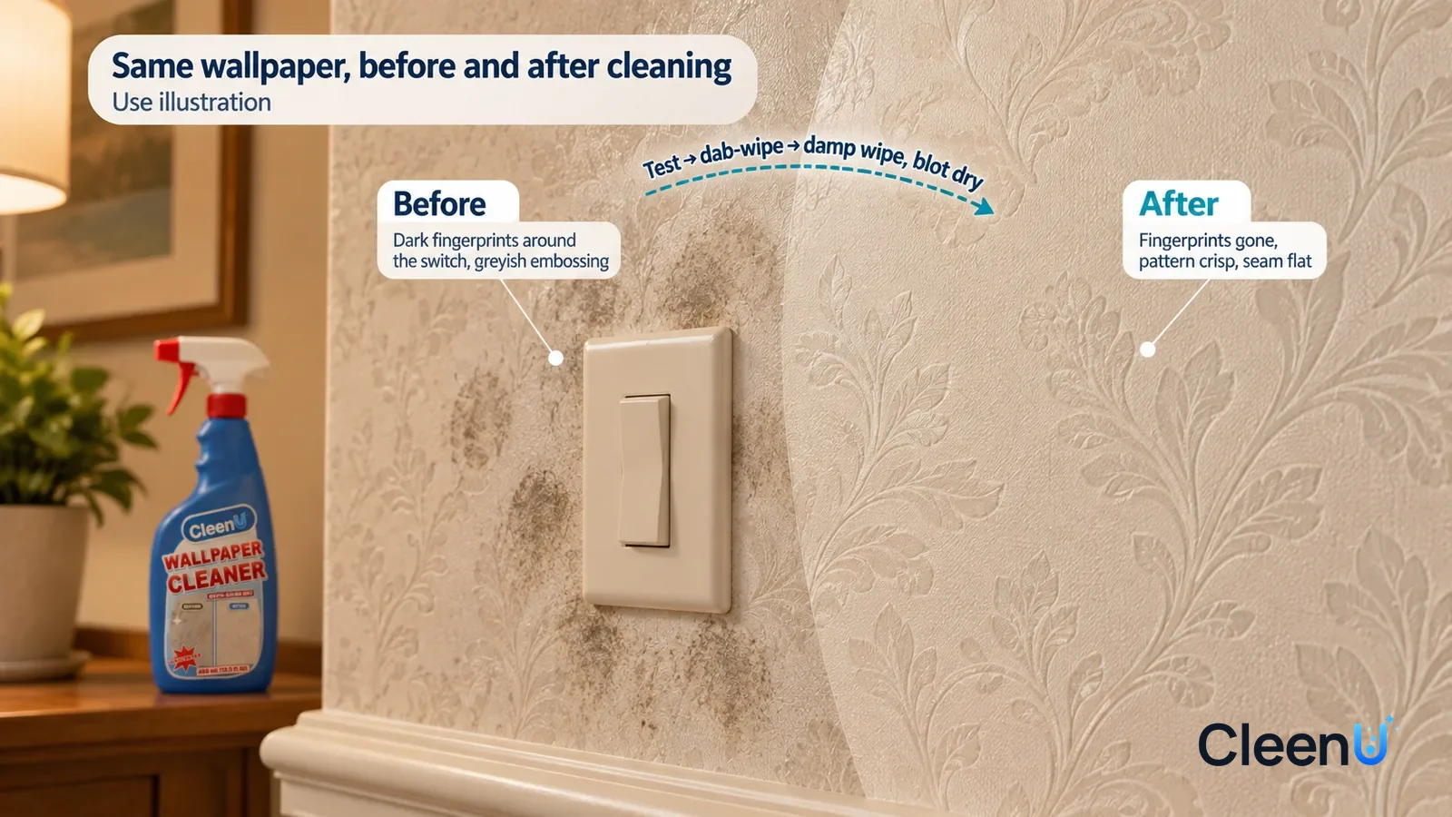 Illustration: CleenU Wallpaper Cleaner — A full-screen low-angle close-up of pale beige embossed vinyl wallpaper and a light-switch plate in the same raking light: the untreated sid