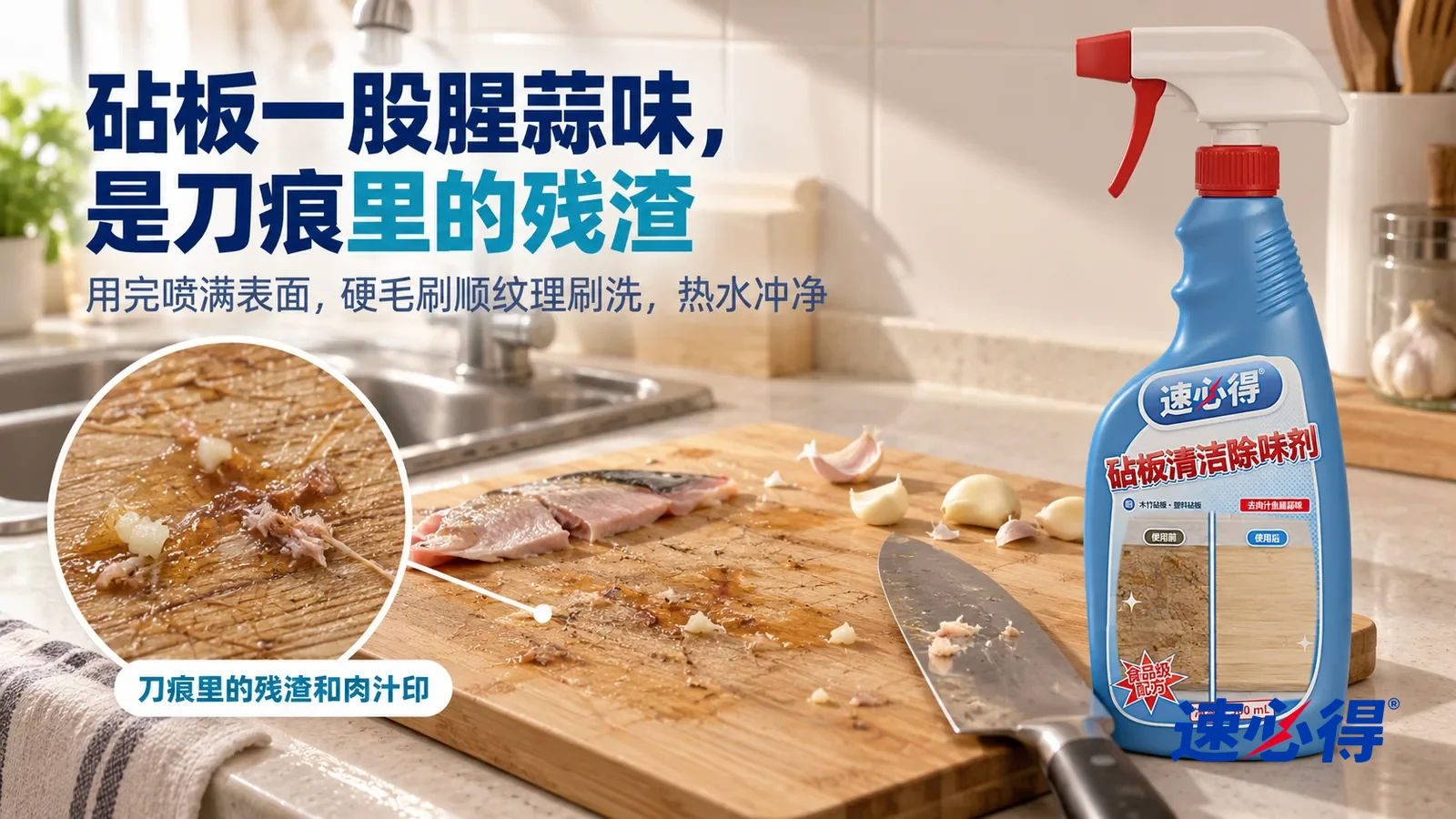 示意图：速必得砧板清洁除味剂——一个家常厨房，水槽旁的台面上平放着一块刚切过鱼和蒜的竹砧板，旁边一把菜刀和几瓣剥好的蒜，侧光斜照下砧板表面几处淡黄褐色肉汁印，标题“砧板一股腥蒜味，是刀痕里的残渣”
