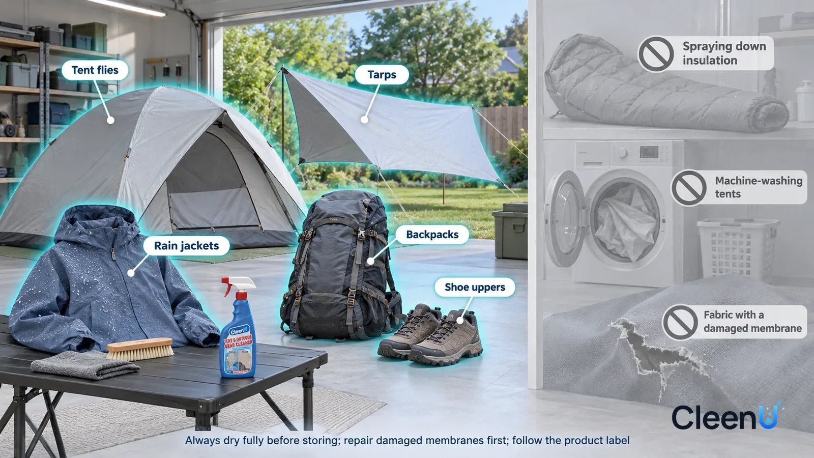 Illustration: CleenU Tent & Outdoor Gear Cleaner — keep one backyard care area, pale-grey two-person tent, folding camp table and soft brush, using the same fabric weave in all samples