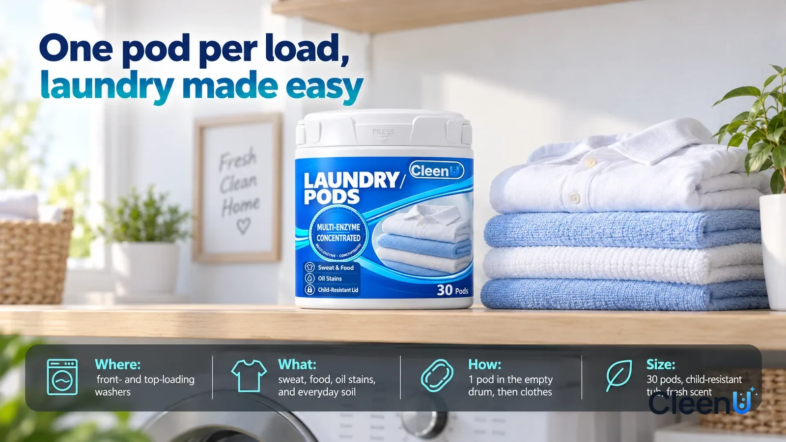 Illustration: CleenU Laundry Pods, lid closed, stands centered on a high shelf, a stack of washed and folded white shirts and light-blue towels beside it