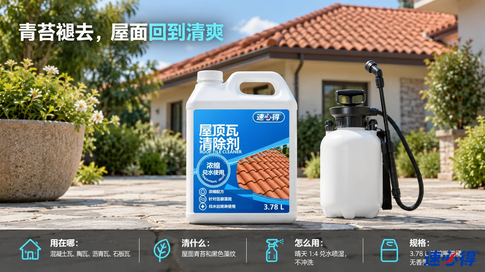 示意图：白色清洁剂桶与压力喷壶摆在住宅前。