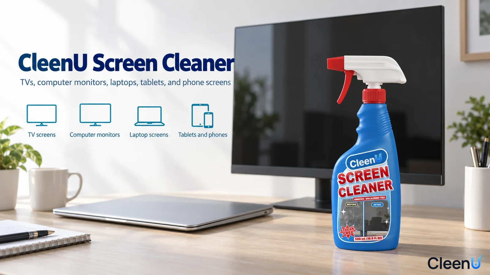 Illustration: A blue cleaner bottle beside a monitor and laptop with use icons.
