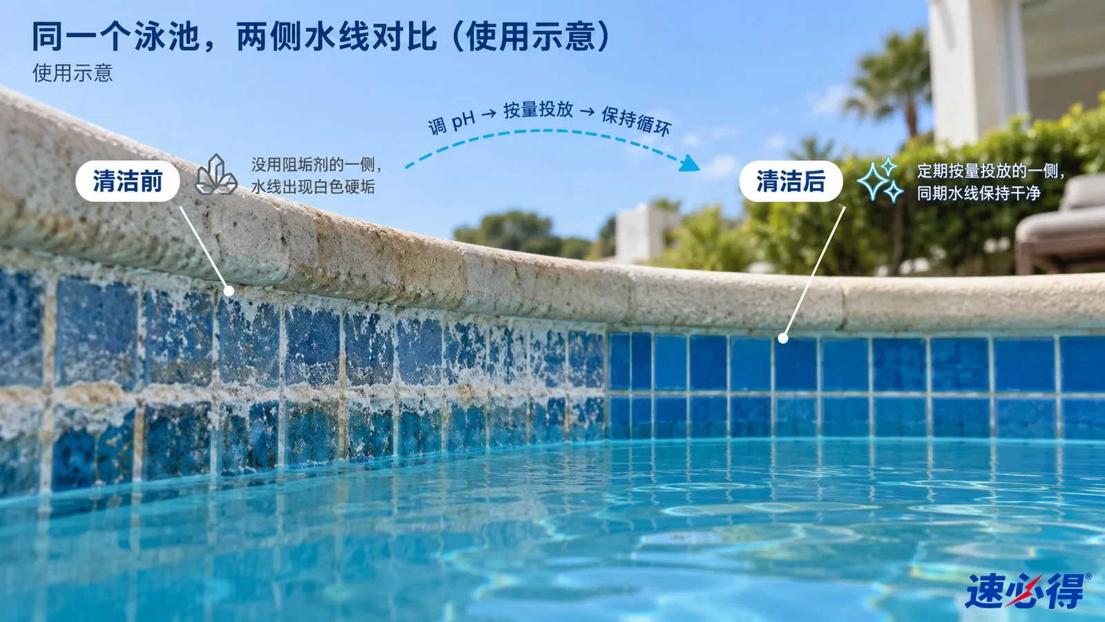 示意图:泳池水位线两侧的白色水垢区域与较清楚蓝瓷砖对照,非实测照片。