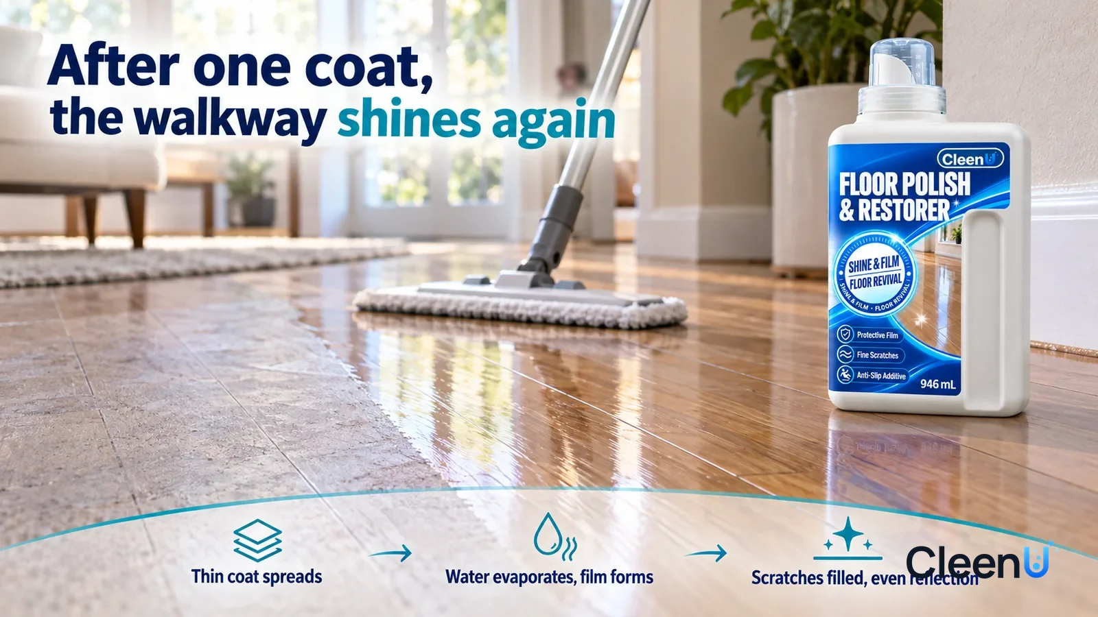 Illustration: CleenU Floor Polish & Restorer — a flat mop has just pushed one thin clear coat along the grain, the coated area evenly glossy with fine scratches barely showing