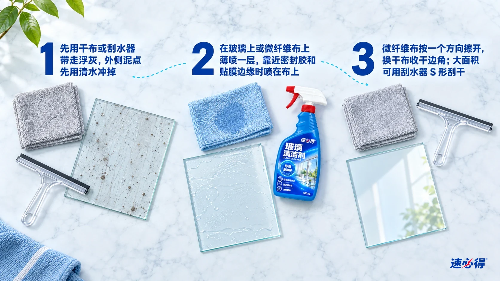 清洁布、刮水器、玻璃与喷瓶组成的除灰、薄喷、擦干三步示意。