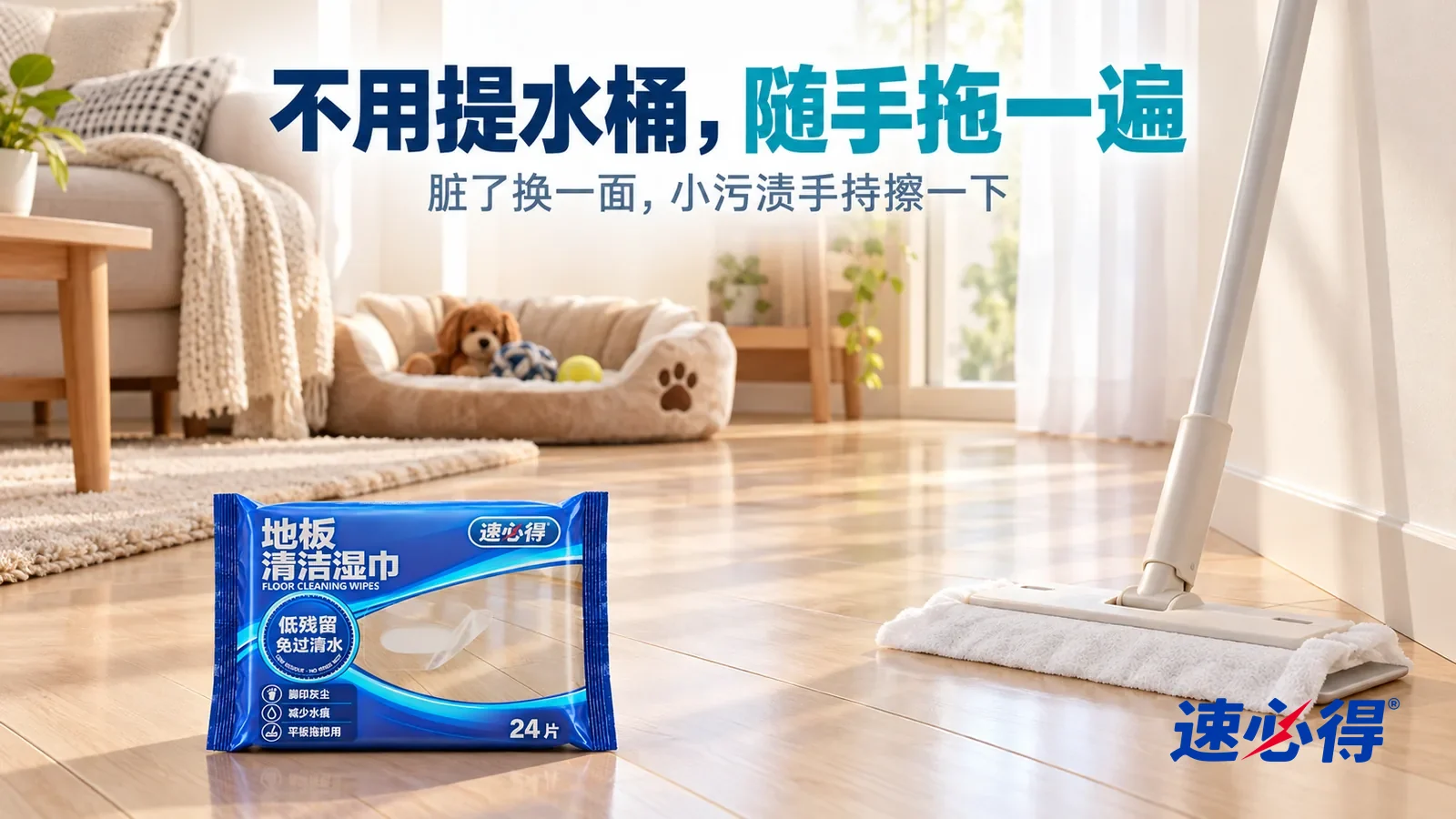 示意图：速必得地板清洁湿巾——午后明亮的客厅，干净的浅色复合木地板反射柔和窗光，角落一只宠物软垫和几件小玩具摆放整齐，一把平板拖把靠在墙边，拖把头上夹着一张白色湿巾，标题“不用提水桶，随手拖一遍”