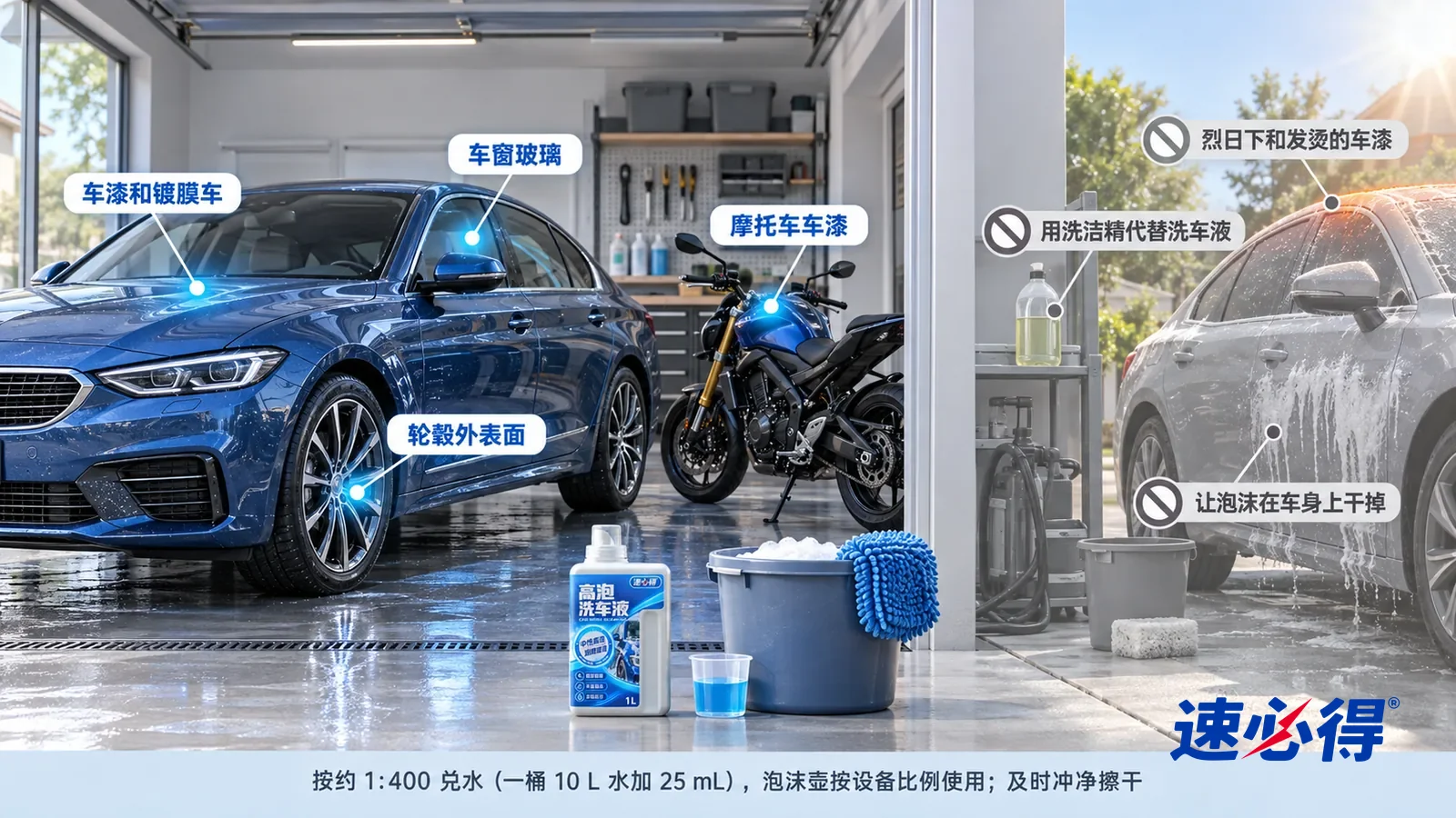 示意图:速必得洗车液——一张写实 3D 剖面实景图,一套明亮的家的车库和门前车道,连续空间、一个视角,车身漆面、车窗玻璃、轮毂外表面
