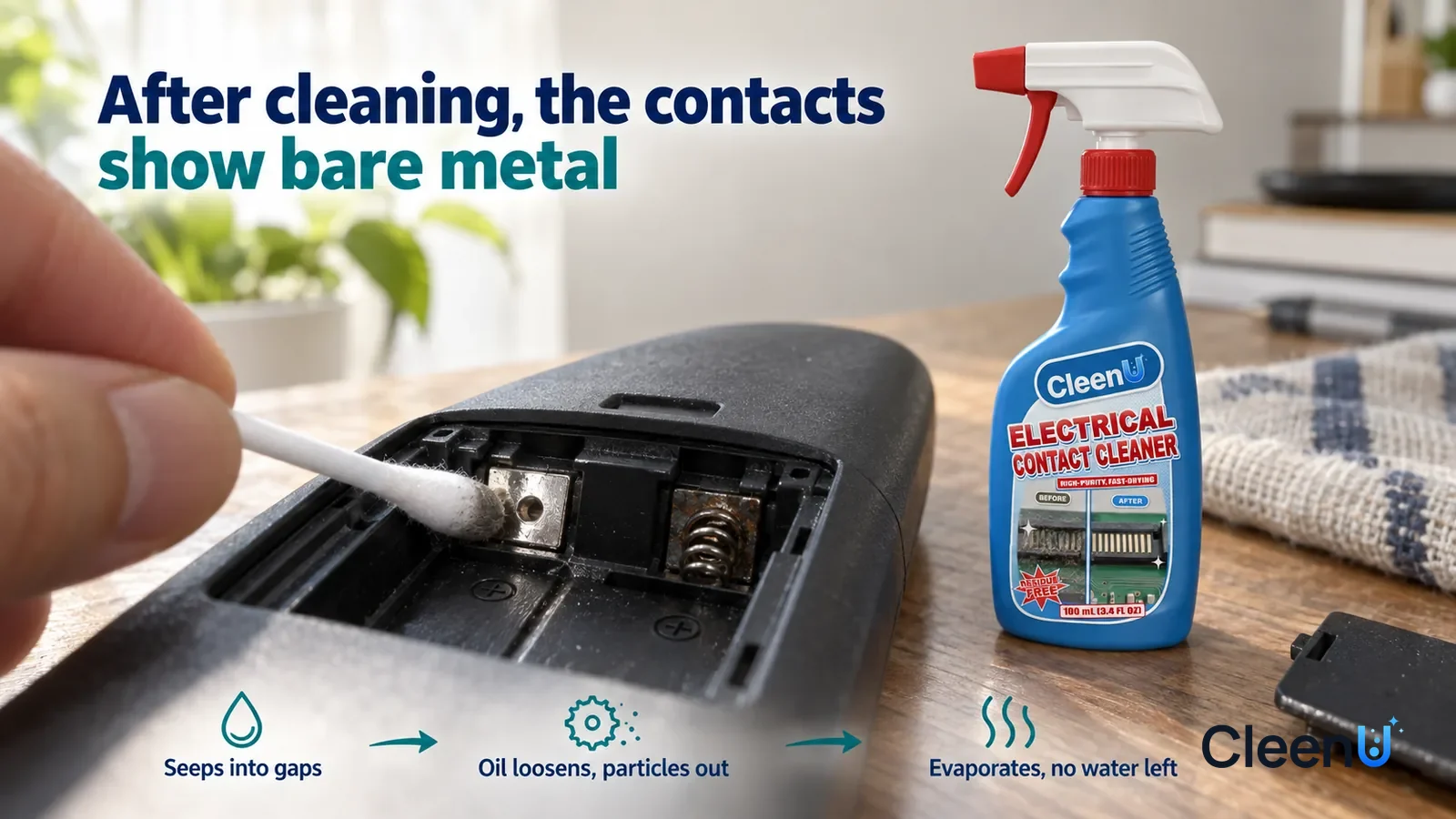 Illustration: CleenU Electrical Contact Cleaner — a clean cotton swab has just wiped one contact, the wiped spot showing shiny bare metal
